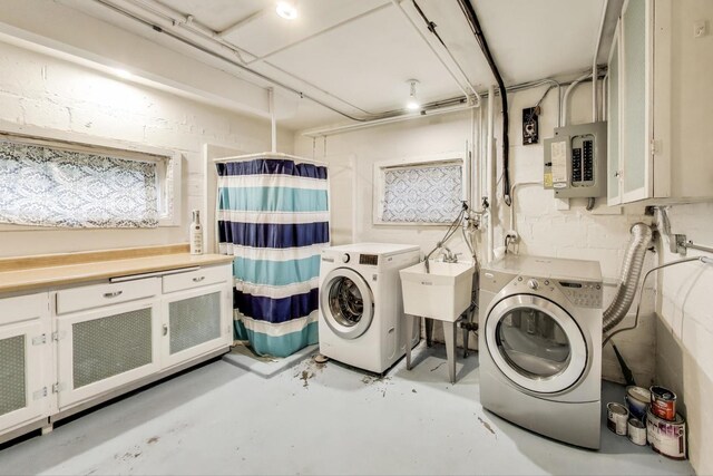 433 S Dunton Ave, Arlington Heights, IL 60005 - washroom with washer and clothes dryer, electric panel, concrete block wall, and cabinet space