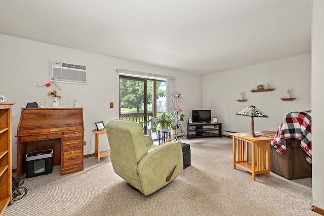 417 Berkshire Dr Unit 16, Crystal Lake, IL 60014 - living area with light carpet, a wall unit AC, a baseboard heating unit, and baseboards