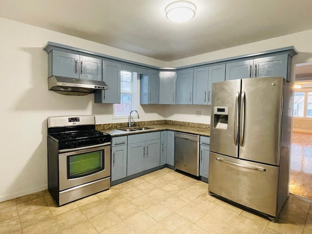 3106 S May St, Chicago, IL 60608 - kitchen featuring appliances with stainless steel finishes, under cabinet range hood, a sink, dark countertops, and baseboards
