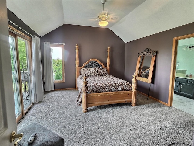 23243 S Volbrecht Rd, Crete, IL 60417 - carpeted bedroom featuring vaulted ceiling, access to outside, baseboards, ensuite bathroom, and a ceiling fan