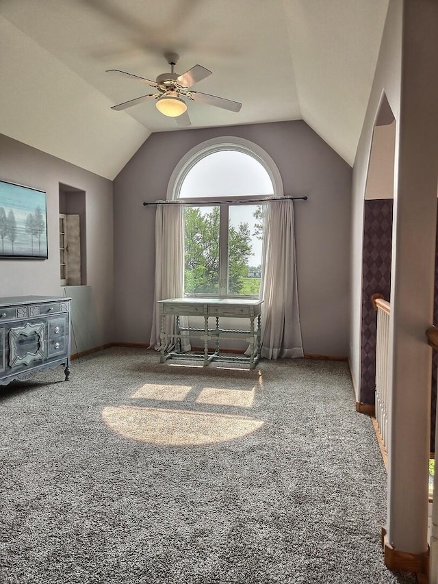 23243 S Volbrecht Rd, Crete, IL 60417 - carpeted living room featuring vaulted ceiling, a ceiling fan, and baseboards