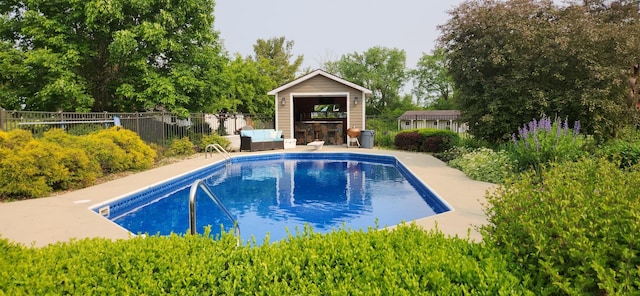 23243 S Volbrecht Rd, Crete, IL 60417 - view of pool featuring an outdoor structure, an outdoor hangout area, and view of wooded area