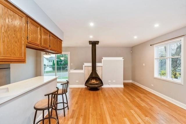608 Inverrary Ln Unit 608, Deerfield, IL 60015 - unfurnished living room featuring a wood stove, light wood-style flooring, recessed lighting, and baseboards