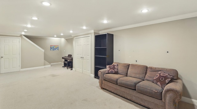 533 Warwick Dr, Naperville, IL 60565 - carpeted living area with recessed lighting, ornamental molding, baseboards, and stairway