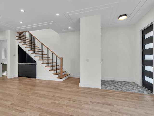 4845 N Mcvicker Ave, Chicago, IL 60630 - entryway with stairs, wood finished floors, and recessed lighting