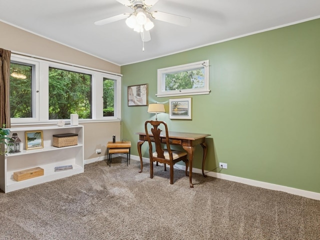 811 Redwood Ln, Glenview, IL 60025 - carpeted office featuring a ceiling fan, ornamental molding, and baseboards
