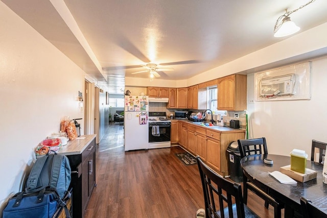 1619 N 35th Ave, Melrose Park, IL 60160 - kitchen with white appliances, a sink, dark wood-type flooring, ceiling fan, and under cabinet range hood