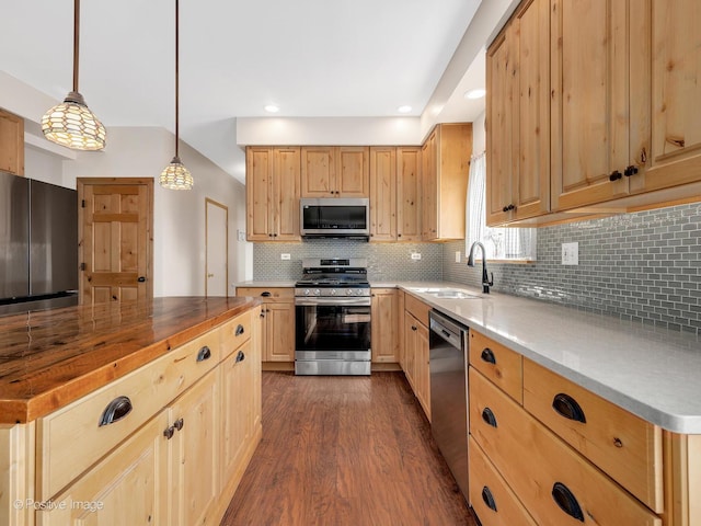 1665 Whispering Oaks Ct, West Chicago, IL 60185 - kitchen with appliances with stainless steel finishes, light brown cabinetry, dark wood-style flooring, tasteful backsplash, and butcher block countertops