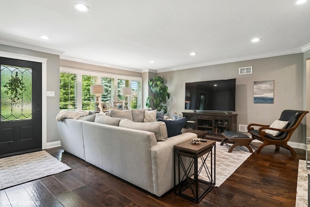231 N Forest Ct, Addison, IL 60101 - living area featuring crown molding, dark wood-type flooring, baseboards, and recessed lighting