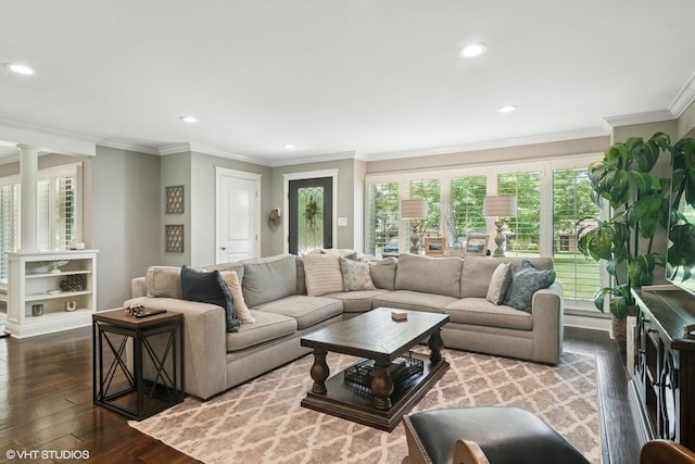 231 N Forest Ct, Addison, IL 60101 - living room with dark wood finished floors, recessed lighting, ornamental molding, and ornate columns