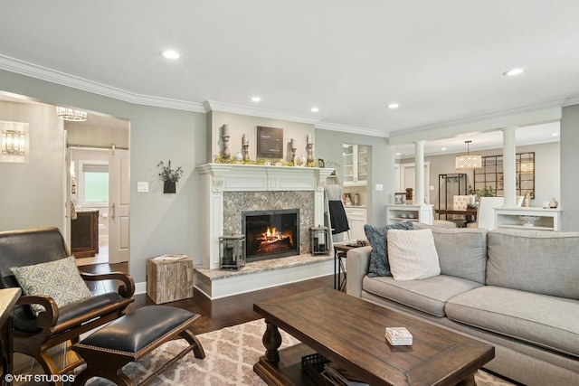 231 N Forest Ct, Addison, IL 60101 - living room featuring ornate columns, wood finished floors, ornamental molding, a high end fireplace, and recessed lighting