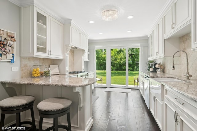 231 N Forest Ct, Addison, IL 60101 - kitchen with stainless steel dishwasher, a sink, light stone countertops, dark wood-style flooring, and white cabinetry