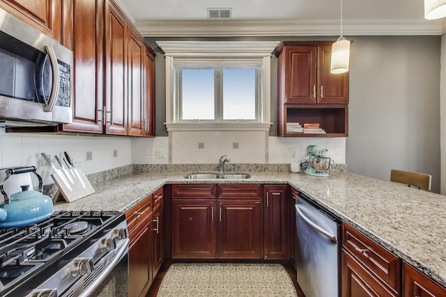 2709 W Bryn Mawr Ave Unit 4, Chicago, IL 60659 - kitchen featuring appliances with stainless steel finishes, a sink, ornamental molding, pendant lighting, and decorative backsplash
