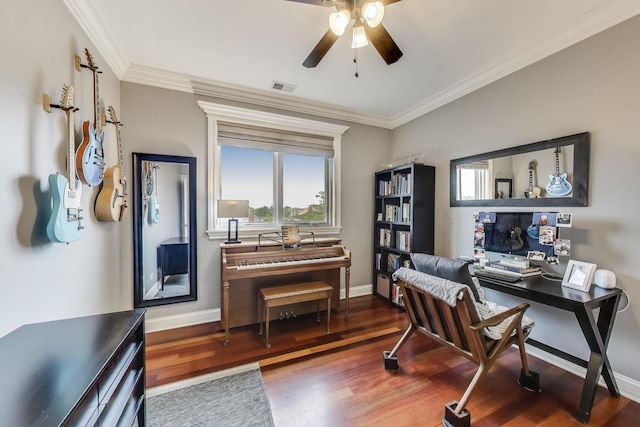 2709 W Bryn Mawr Ave Unit 4, Chicago, IL 60659 - office area featuring ceiling fan, wood finished floors, ornamental molding, and baseboards