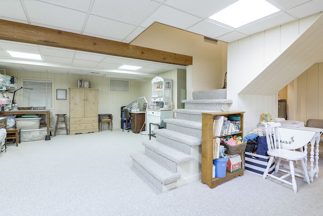 1925 Kentwood Ct, Darien, IL 60561 - basement with carpet flooring, stairs, a drop ceiling, and wooden walls