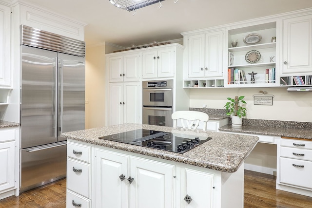 1925 Kentwood Ct, Darien, IL 60561 - kitchen with stainless steel appliances, a kitchen island, open shelves, white cabinetry, and dark wood-type flooring