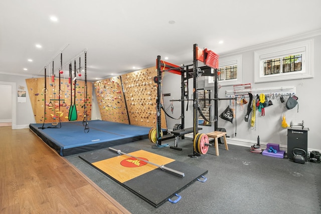 2429 W Belden Ave, Chicago, IL 60647 - workout area featuring crown molding, recessed lighting, and wood finished floors