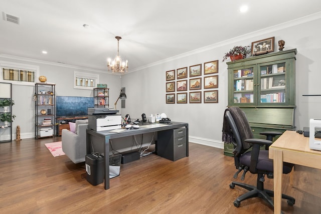 2429 W Belden Ave, Chicago, IL 60647 - home office featuring a chandelier, crown molding, wood finished floors, and recessed lighting