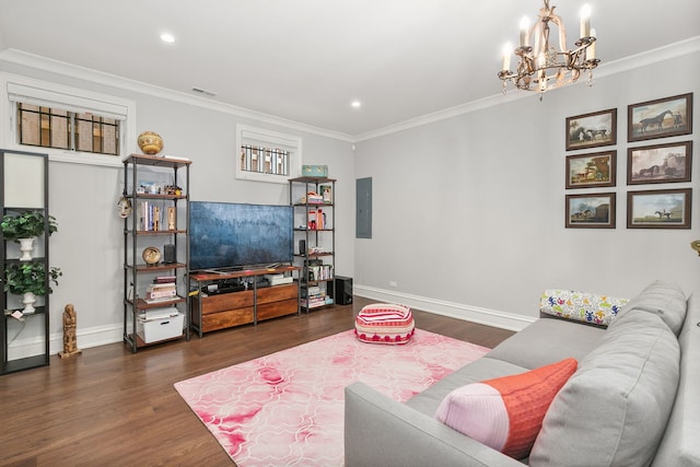 2429 W Belden Ave, Chicago, IL 60647 - living room featuring a chandelier, wood finished floors, crown molding, electric panel, and recessed lighting