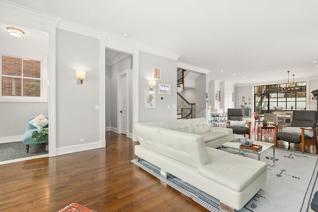 2429 W Belden Ave, Chicago, IL 60647 - living area featuring stairs, wood finished floors, a chandelier, ornamental molding, and recessed lighting