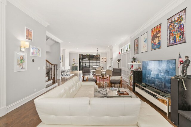 2429 W Belden Ave, Chicago, IL 60647 - living area with stairway, ornamental molding, recessed lighting, and wood finished floors