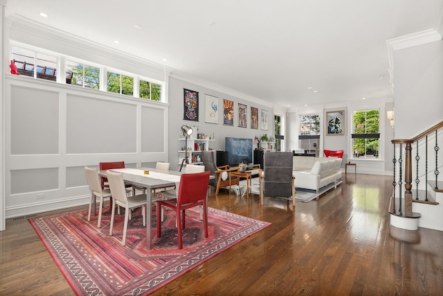 2429 W Belden Ave, Chicago, IL 60647 - dining room with wood finished floors, crown molding, stairway, and recessed lighting