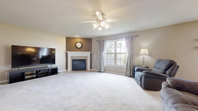 4005 Pebblebrook Ln, Champaign, IL 61822 - living area featuring ceiling fan, light colored carpet, and a fireplace with flush hearth