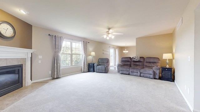 4005 Pebblebrook Ln, Champaign, IL 61822 - living area with a ceiling fan, carpet floors, and a fireplace