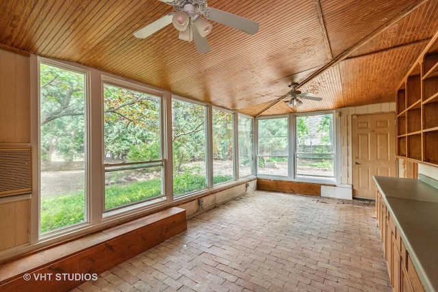34140 N Hickory Ave, Grayslake, IL 60030 - unfurnished sunroom featuring wooden ceiling, plenty of natural light, lofted ceiling, and brick floors