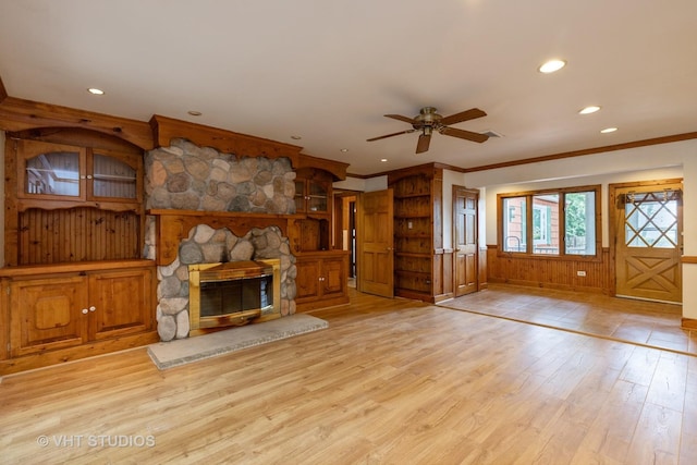 34140 N Hickory Ave, Grayslake, IL 60030 - unfurnished living room with ornamental molding, wood finished floors, ceiling fan, a fireplace, and recessed lighting