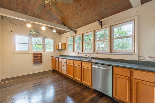 34140 N Hickory Ave, Grayslake, IL 60030 - kitchen featuring stainless steel dishwasher, wooden ceiling, dark countertops, dark wood-style flooring, and a ceiling fan