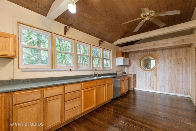 34140 N Hickory Ave, Grayslake, IL 60030 - kitchen featuring dishwasher, a wooden ceiling with exposed beams, white microwave, dark wood-type flooring, and wood walls