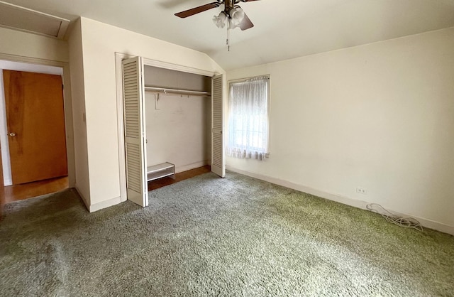 1140 Blanchan Ave, La Grange Park, IL 60526 - unfurnished bedroom featuring carpet floors, a closet, vaulted ceiling, baseboards, and a ceiling fan