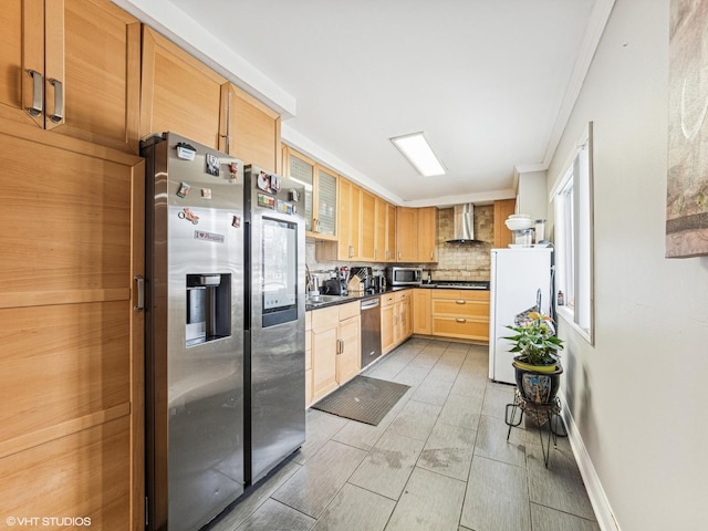 665 Cindy Ln, Wheeling, IL 60090 - kitchen featuring appliances with stainless steel finishes, ornamental molding, dark countertops, light brown cabinets, and a sink