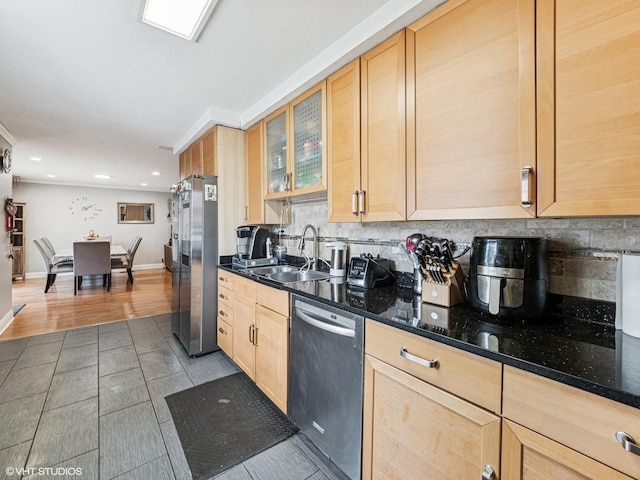 665 Cindy Ln, Wheeling, IL 60090 - kitchen featuring stainless steel appliances, light brown cabinetry, decorative backsplash, a sink, and recessed lighting