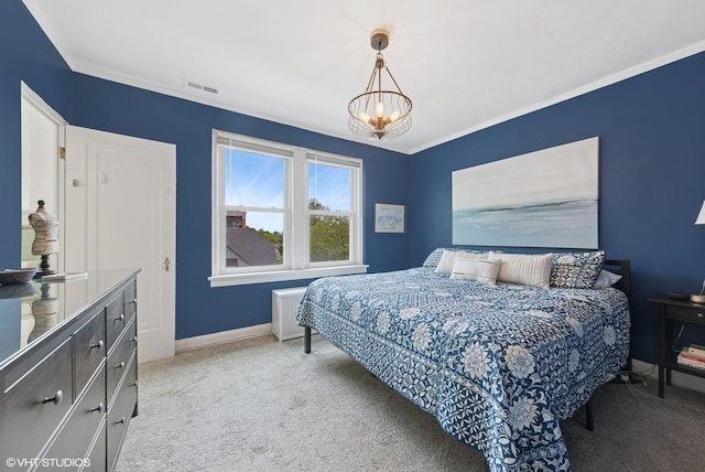 307 W Harris Ave Unit 3A, La Grange, IL 60525 - bedroom featuring light carpet, a chandelier, baseboards, and crown molding