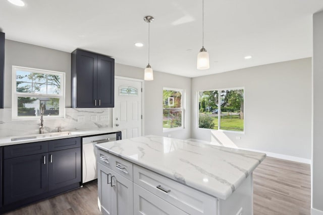 1508 N Lake Shore Dr, Round Lake Beach, IL 60073 - kitchen with dishwasher, a sink, light stone countertops, dark wood-style flooring, and recessed lighting