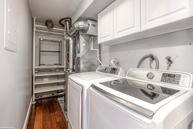 5008 W 122nd St Unit 2B, Alsip, IL 60803 - laundry room with cabinet space, separate washer and dryer, dark wood finished floors, electric panel, and baseboards