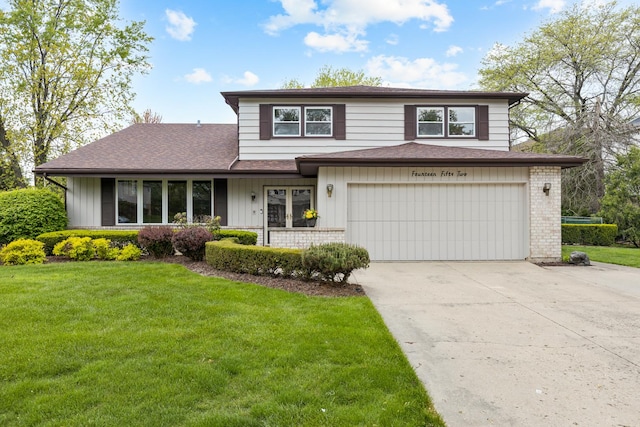 1452 Hemlock Knoll Ter, Northbrook, IL 60062 - view of front of house featuring driveway, a front lawn, a garage, a shingled roof, and board and batten siding