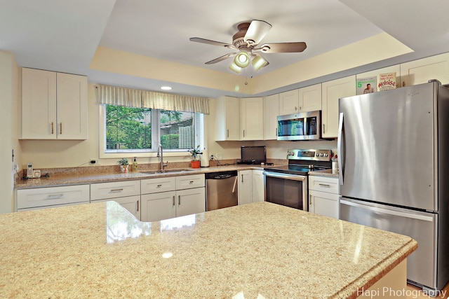 1704 Wildberry Dr Unit F, Glenview, IL 60025 - kitchen featuring appliances with stainless steel finishes, a sink, a tray ceiling, a ceiling fan, and white cabinetry