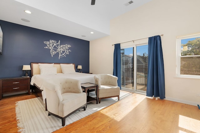1828 N California Ave, Chicago, IL 60647 - bedroom featuring access to exterior, wood finished floors, recessed lighting, and a ceiling fan