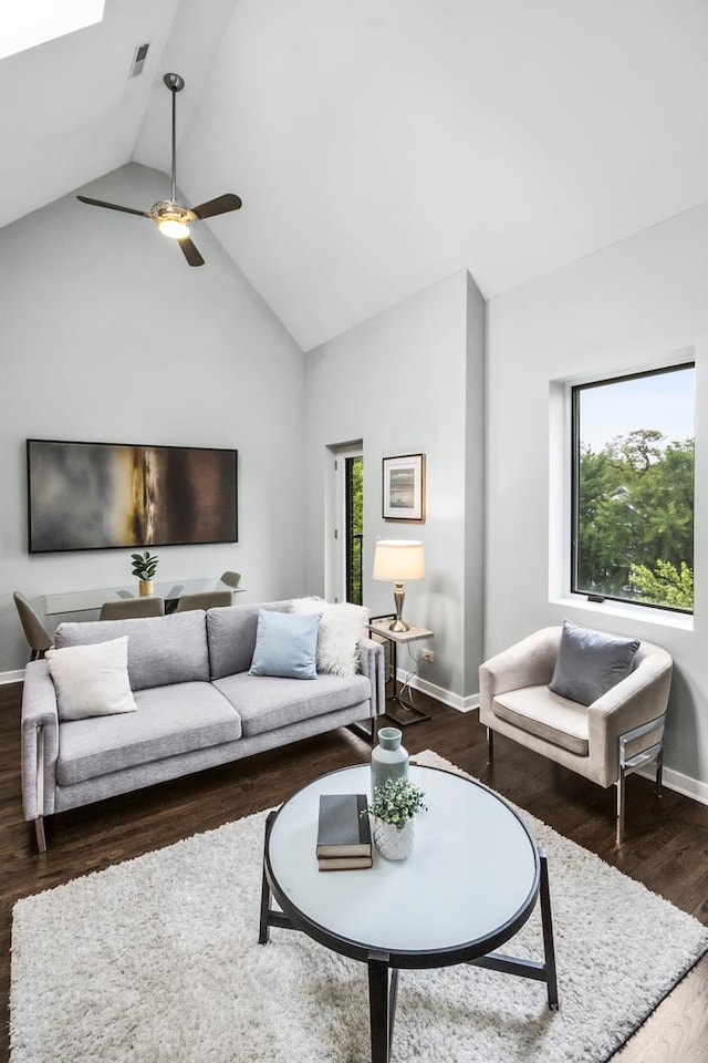 2035 W Crystal St Unit 3, Chicago, IL 60622 - living room with high vaulted ceiling, wood finished floors, ceiling fan, and baseboards