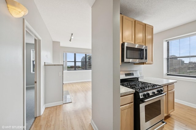 1529 S State St Unit 11B, Chicago, IL 60605 - kitchen featuring stainless steel appliances, light wood-style floors, light brown cabinets, baseboards, and a textured ceiling