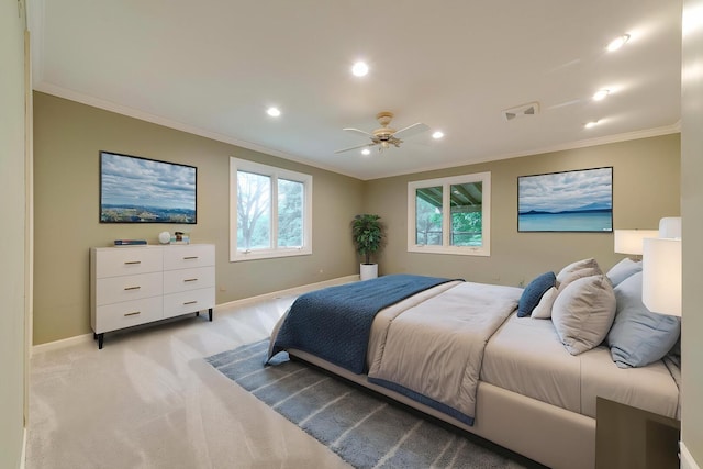 15 Highview Cir, Hawthorn Woods, IL 60047 - bedroom featuring crown molding, baseboards, recessed lighting, light colored carpet, and a ceiling fan