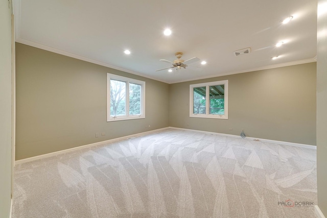 15 Highview Cir, Hawthorn Woods, IL 60047 - empty room with ornamental molding, baseboards, recessed lighting, light colored carpet, and a ceiling fan