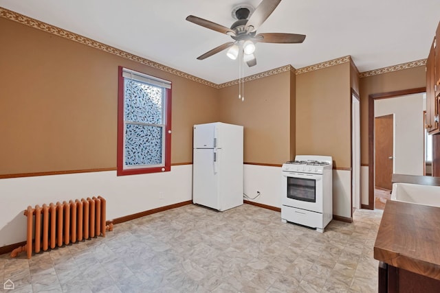 4042 N Kenneth Ave, Chicago, IL 60641 - kitchen featuring white appliances, radiator, ceiling fan, light floors, and ornamental molding