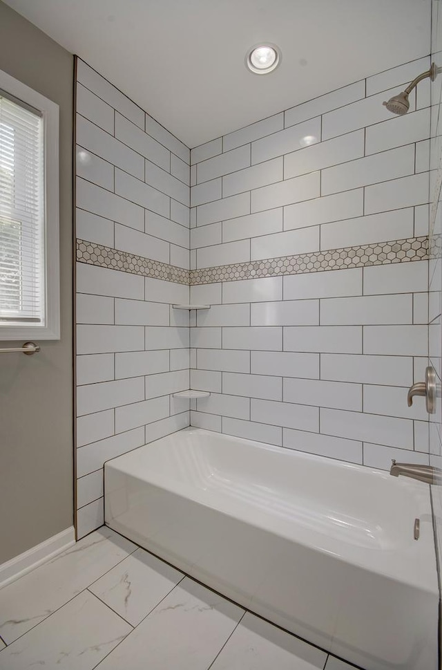 382 W 3rd St, Braidwood, IL 60408 - bathroom with bathing tub / shower combination, marble finish flooring, and recessed lighting