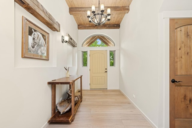 2619 Sanctuary Ln, Spring Grove, IL 60081 - foyer with a wood ceiling with exposed beams, a chandelier, and light wood-style flooring