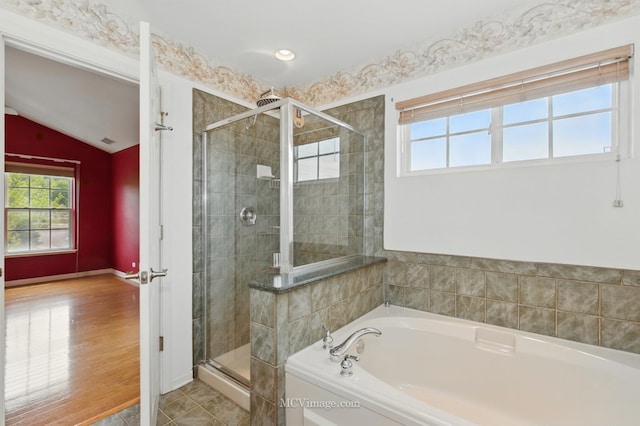 221 Willow Blvd, Willow Springs, IL 60480 - bathroom with a garden tub, a shower stall, vaulted ceiling, and recessed lighting