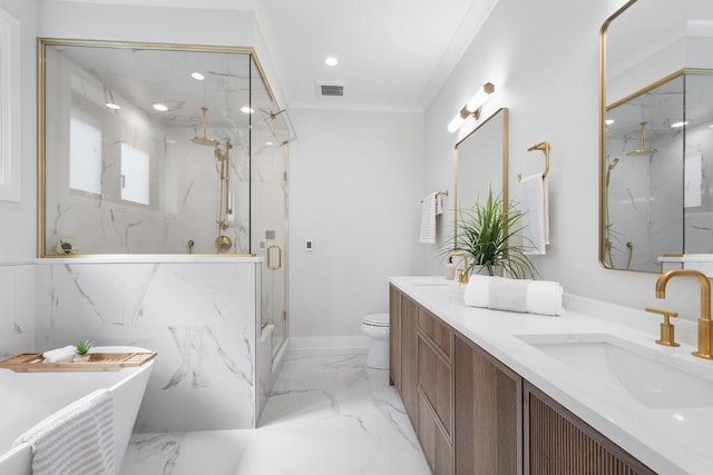 1834 N Hudson Ave Unit 2, Chicago, IL 60614 - bathroom featuring marble tiled floors, a marble finish shower, double vanity, a soaking tub, and toilet